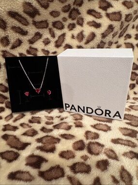 Pandora Silver Necklace and Earrings with Red Heart Stones